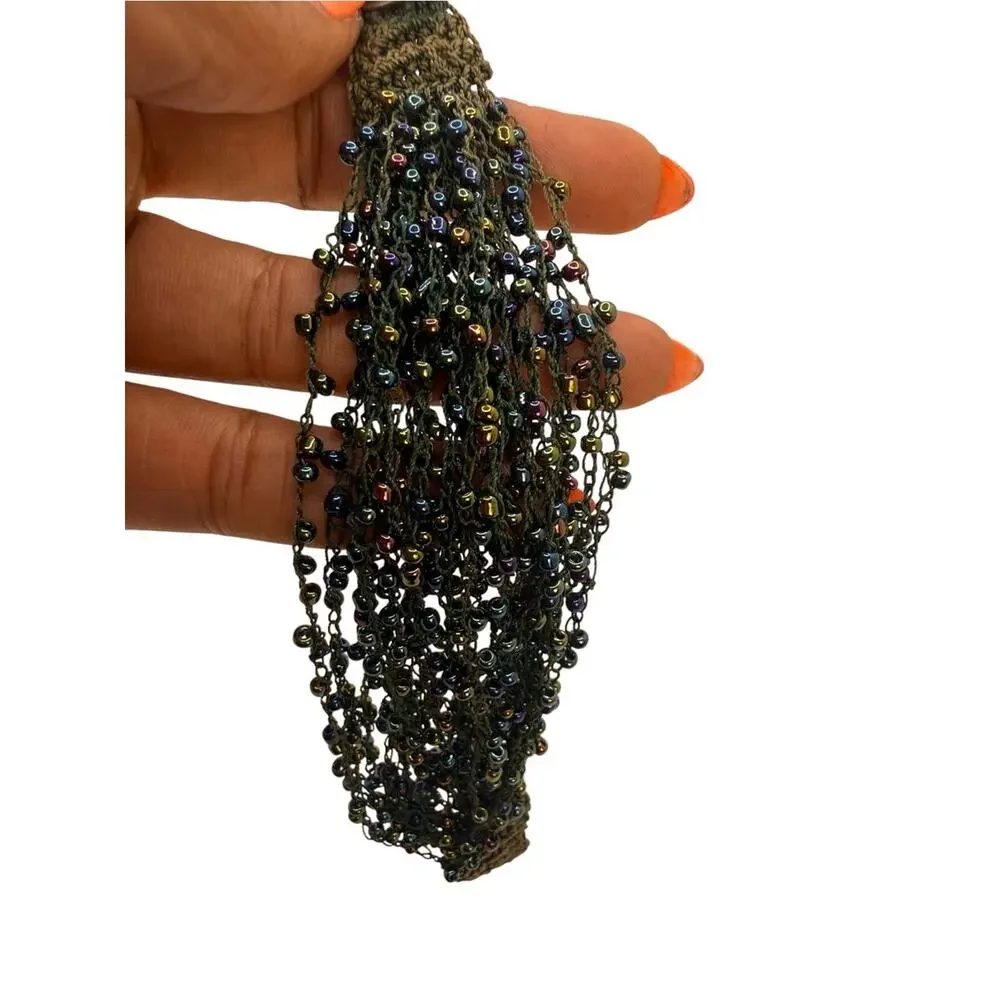 Multistrand Green Beaded Wrap Bracelet with Iridescent Beads